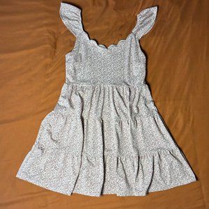 Monteau Los Angeles Purple White Floral Babydoll Dress Scalloped Neckline Med